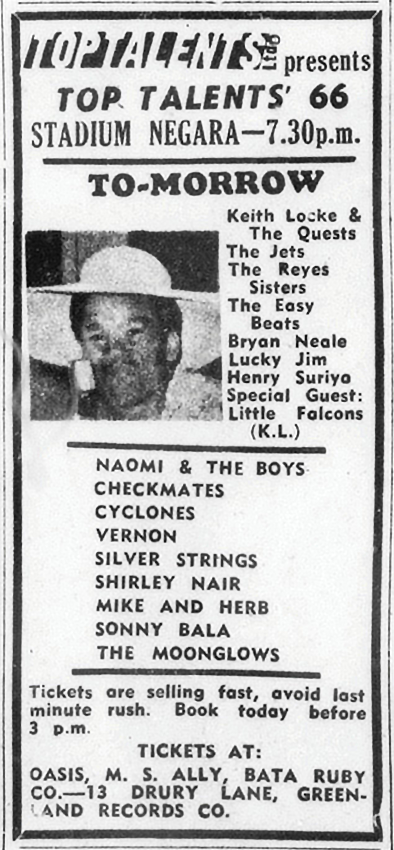 An advertisement promoting the “Top Talents ‘66” live concert, featuring popular local bands such as The Quests and Naomi & the Boys. Image reproduced from “Page 4 Advertisements Column 3,” Straits Times, 2 April 1966, 4. (From NewspaperSG).